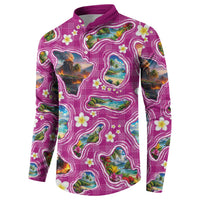 Hawaiian Island Shapes-Iconic Landscape Button Sweatshirt with Plumeria and Palaka Pink Color LT03 - Polynesian Pride