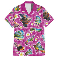 Hawaiian Island Shapes-Iconic Landscape Family Matching Long Sleeve Bodycon Dress and Hawaiian Shirt with Plumeria and Palaka Pink Color LT03 Dad's Shirt - Short Sleeve Pink - Polynesian Pride