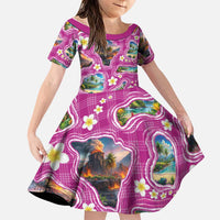 Hawaiian Island Shapes-Iconic Landscape Family Matching Tank Maxi Dress and Hawaiian Shirt with Plumeria and Palaka Pink Color LT03 Daughter's Dress Pink - Polynesian Pride