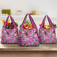 Hawaiian Island Shapes-Iconic Landscape Grocery Bag with Plumeria and Palaka Pink Color LT03 3-pack One Size Pink - Polynesian Pride