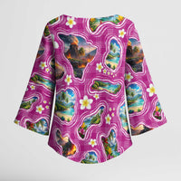 Hawaiian Island Shapes-Iconic Landscape Kimono Sleeve Blouse with Plumeria and Palaka Pink Color LT03 - Polynesian Pride
