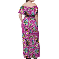 Hawaiian Island Shapes-Iconic Landscape Off Shoulder Maxi Dress with Plumeria and Palaka Pink Color LT03 - Polynesian Pride