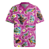 Hawaiian Island Shapes-Iconic Landscape Rugby Jersey with Plumeria and Palaka Pink Color LT03 Pink - Polynesian Pride