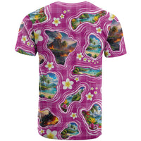 Hawaiian Island Shapes-Iconic Landscape T Shirt with Plumeria and Palaka Pink Color LT03 - Polynesian Pride