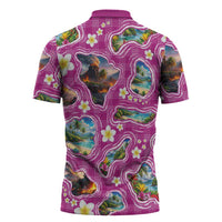 Hawaiian Island Shapes-Iconic Landscape Zipper Polo Shirt with Plumeria and Palaka Pink Color LT03 - Polynesian Pride
