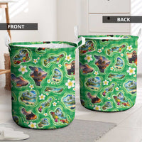 Hawaii Map with Plumeria Flower and Palaka Pattern Laundry Basket Tropical Island Green Design LT03 - Polynesian Pride