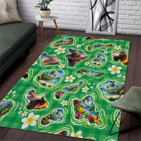 Hawaii Map with Plumeria Flower and Palaka Pattern Area Rug Tropical Island Green Design LT03 Green - Polynesian Pride