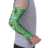 Hawaii Map with Plumeria Flower and Palaka Pattern Arm Sleeves Tropical Island Green Design LT03 - Polynesian Pride