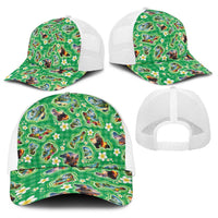 Hawaii Map with Plumeria Flower and Palaka Pattern Baseball Net Cap Tropical Island Green Design