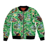 Hawaii Map with Plumeria Flower and Palaka Pattern Bomber Jacket Tropical Island Green Design LT03 Unisex Green - Polynesian Pride