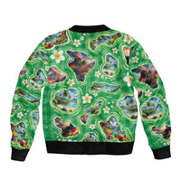 Hawaii Map with Plumeria Flower and Palaka Pattern Bomber Jacket Tropical Island Green Design LT03 - Polynesian Pride