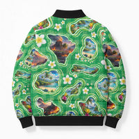 Hawaii Map with Plumeria Flower and Palaka Pattern Bomber Puffer Jacket Tropical Island Green Design LT03 - Polynesian Pride