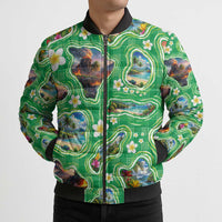 Hawaii Map with Plumeria Flower and Palaka Pattern Bomber Puffer Jacket Tropical Island Green Design LT03 - Polynesian Pride