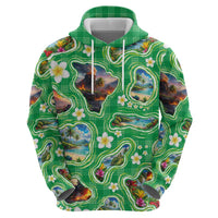 Hawaii Map with Plumeria Flower and Palaka Pattern Hoodie Tropical Island Green Design LT03 - Polynesian Pride