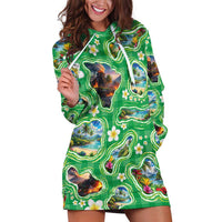 Hawaii Map with Plumeria Flower and Palaka Pattern Hoodie Dress Tropical Island Green Design LT03 Green - Polynesian Pride