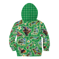 Hawaii Map with Plumeria Flower and Palaka Pattern Kid Hoodie Tropical Island Green Design LT03 - Polynesian Pride