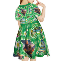 Hawaii Map with Plumeria Flower and Palaka Pattern Kid Short Sleeve Dress Tropical Island Green Design LT03 - Polynesian Pride