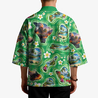 Hawaii Map with Plumeria Flower and Palaka Pattern Kimono Tropical Island Green Design LT03 - Polynesian Pride