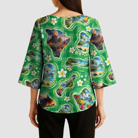Hawaii Map with Plumeria Flower and Palaka Pattern Kimono Sleeve Blouse Tropical Island Green Design LT03 - Polynesian Pride