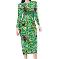 Hawaii Map with Plumeria Flower and Palaka Pattern Long Sleeve Bodycon Dress Tropical Island Green Design LT03 Long Dress Green - Polynesian Pride