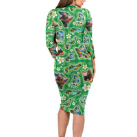Hawaii Map with Plumeria Flower and Palaka Pattern Long Sleeve Bodycon Dress Tropical Island Green Design LT03 - Polynesian Pride