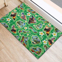 Hawaii Map with Plumeria Flower and Palaka Pattern Rubber Doormat Tropical Island Green Design LT03 - Polynesian Pride