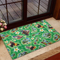 Hawaii Map with Plumeria Flower and Palaka Pattern Rubber Doormat Tropical Island Green Design LT03 - Polynesian Pride