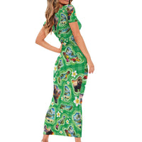Hawaii Map with Plumeria Flower and Palaka Pattern Short Sleeve Bodycon Dress Tropical Island Green Design LT03 - Polynesian Pride