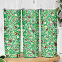 Hawaii Map with Plumeria Flower and Palaka Pattern Skinny Tumbler Tropical Island Green Design LT03 - Polynesian Pride