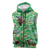 Hawaii Map with Plumeria Flower and Palaka Pattern Sleeveless Zip Hoodie Tropical Island Green Design LT03 Green - Polynesian Pride