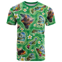 Hawaii Map with Plumeria Flower and Palaka Pattern T Shirt Tropical Island Green Design LT03 Green - Polynesian Pride