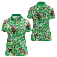 Hawaii Map with Plumeria Flower and Palaka Pattern Women Polo Shirt Tropical Island Green Design LT03 - Polynesian Pride