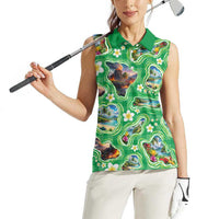 Hawaii Map with Plumeria Flower and Palaka Pattern Women Sleeveless Polo Shirt Tropical Island Green Design LT03 - Polynesian Pride