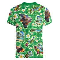 Hawaii Map with Plumeria Flower and Palaka Pattern Women V-Neck T-Shirt Tropical Island Green Design LT03 - Polynesian Pride