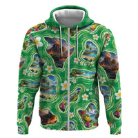 Hawaii Map with Plumeria Flower and Palaka Pattern Zip Hoodie Tropical Island Green Design LT03 Zip Hoodie Green - Polynesian Pride