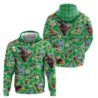 Hawaii Map with Plumeria Flower and Palaka Pattern Zip Hoodie Tropical Island Green Design LT03 - Polynesian Pride