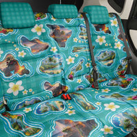 Hawaii Map with Plumeria Flower and Palaka Pattern Back Car Seat Cover Tropical Island Teal Design LT03 - Polynesian Pride