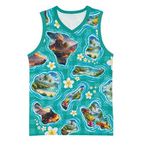Hawaii Map with Plumeria Flower and Palaka Pattern Basketball Jersey Tropical Island Teal Design LT03 Unisex Teal - Polynesian Pride