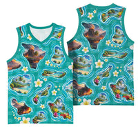 Hawaii Map with Plumeria Flower and Palaka Pattern Basketball Jersey Tropical Island Teal Design LT03 - Polynesian Pride
