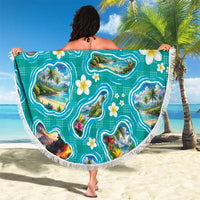 Hawaii Map with Plumeria Flower and Palaka Pattern Beach Blanket Tropical Island Teal Design LT03 - Polynesian Pride