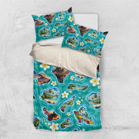 Hawaii Map with Plumeria Flower and Palaka Pattern Bedding Set Tropical Island Teal Design LT03 US Twin 172cm x 218cm Teal - Polynesian Pride