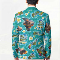 Hawaii Map with Plumeria Flower and Palaka Pattern Blazer Tropical Island Teal Design LT03 - Polynesian Pride
