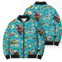Hawaii Map with Plumeria Flower and Palaka Pattern Bomber Puffer Jacket Tropical Island Teal Design LT03 - Polynesian Pride