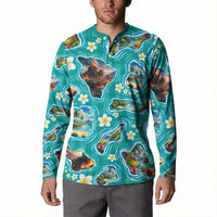 Hawaii Map with Plumeria Flower and Palaka Pattern Button Sweatshirt Tropical Island Teal Design LT03 - Polynesian Pride