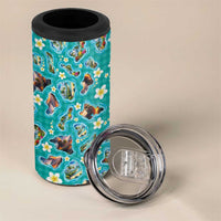 Hawaii Map with Plumeria Flower and Palaka Pattern 4 in 1 Can Cooler Tumbler Tropical Island Teal Design LT03 - Polynesian Pride