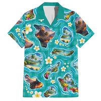 Hawaii Map with Plumeria Flower and Palaka Pattern Hawaiian Shirt Tropical Island Teal Design LT03 Teal - Polynesian Pride