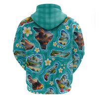 Hawaii Map with Plumeria Flower and Palaka Pattern Hoodie Tropical Island Teal Design LT03 - Polynesian Pride