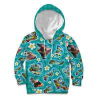 Hawaii Map with Plumeria Flower and Palaka Pattern Kid Hoodie Tropical Island Teal Design LT03 Hoodie Teal - Polynesian Pride