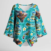 Hawaii Map with Plumeria Flower and Palaka Pattern Kimono Sleeve Blouse Tropical Island Teal Design LT03 Female Teal - Polynesian Pride