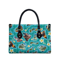 Hawaii Map with Plumeria Flower and Palaka Pattern Leather Bag Tropical Island Teal Design LT03 - Polynesian Pride